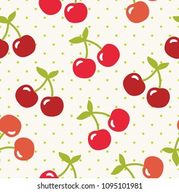 Cherry pattern, cute heart fruit cartoon seamless background with dot, Vector illustration