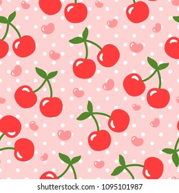 Cherry pattern, cute heart fruit cartoon seamless background with dot, Vector illustration