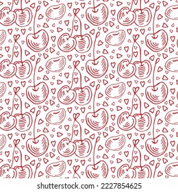 Cherry pattern, cute heart fruit cartoon seamless background with dot, Vector illustration