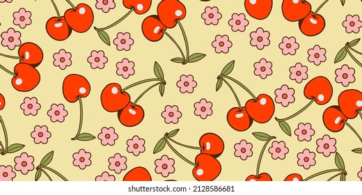 cherry pattern with flowers vintage 60s style