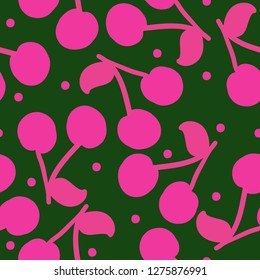 Cherry pattern. Green background, fuchsia cherry pink. Good for packaging, banner, postcards, textiles
