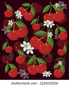 Cherry pattern with leaves and flowers on Burgundy background.