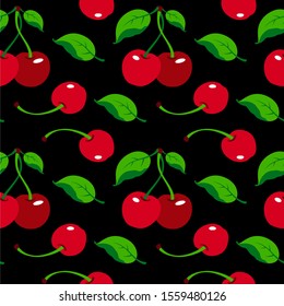 Cherry pattern on black background, wrapping paper, seamless pattern, vector  illustration. 