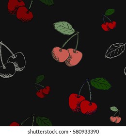 Cherry pattern on black background. Hand drawn cherries seamless pattern.