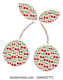 Cherry pattern organized in the shape of cherry pictograms. Vector iconized collage combined from simple elements.