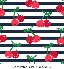 Cherry Pattern Seamless, Hand Drawn Cherry Vector Iluustration