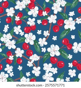 cherry pattern seamless, Hand Drawn vector illustration