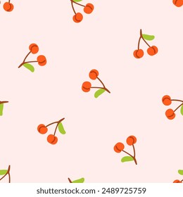 Patrón de cereza, textura sin fisuras. Impresión repetitiva, diseño de fondo de bayas. Envoltura interminable, rama dulce de la fruta del verano. Ilustración vectorial plana repetible imprimible para Fondo de pantalla, textil, tela