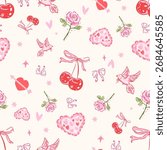 cherry pattern seamless, valentine vintage flowers, Vintage Retro Pink Seamless Pattern, Pink Vintage Coquette valentine seamless file, Retro Pink seamless file, Retro coquette Digital wallpaper