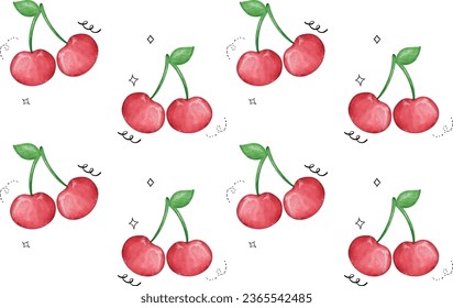 Cherry Pattern Seamless Watercolor Illustration isolated on whtie background that captures the essence of summer. Perfect for cards, textiles, and more