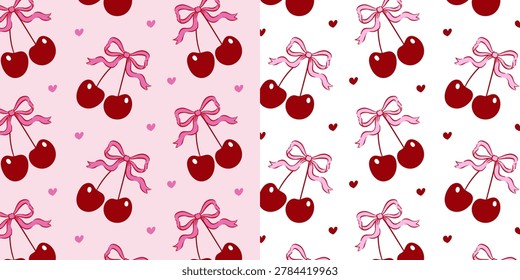 Cherry pattern set with bows and hearts in pink tones. Cute girly summer collection perfect for textile, packaging, branding and trendy design.