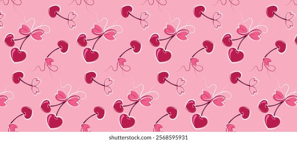 Cherry pattern in the shape of hearts. Print for the holiday. Valentine's Day. Concept of love and romance. Template for Valentine's Day packaging, textiles, corporate identity. EPS10