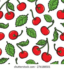  cherry pattern. Vector doodle seamless pattern with cherries for wallpaper, web page background, surface textures, textile, scrap book, design fabric, menu