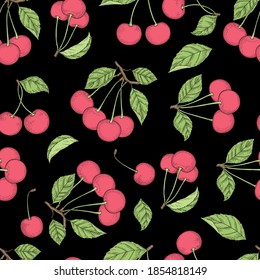 Cherry pattern. Vector seamless background with healthy fruits natural colored products