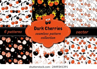 Cherry pattern y2k style. Cherry with burn fire flame background.Tattoo 2000s style print design. Black and red vector illustration.