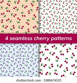 Cherry patterns. Collection of seamless cherry patterns. Set of 4 summer berry backgrounds. Vector stock illustration