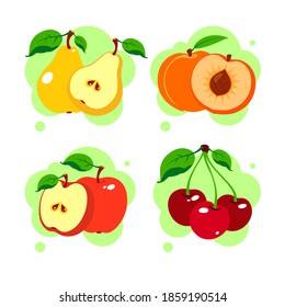 Cherry, pear, peach, red apple whole and cut fruit isolated on white background. Set. Vector illustration. Flat.