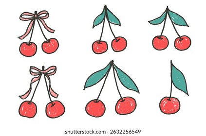 Cherry pencil drawn colorful set. Coquette berries with bows and leaves doodle isolated on white background. Fruits grunge textured elements. Vector kid naive illustration by pencil.