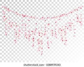Cherry petals flying vector greeting card background. Spring falling flower parts confetti, blossom elements floral design. Simple flower blossom petals on transparent flyer vector background.