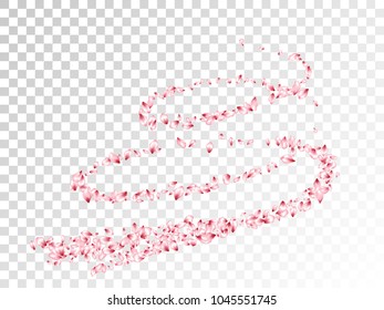 Cherry petals flying vector spa background. Spring falling flower parts confetti, blossom elements april design. Tender flower blossom petals flyer vector background on transparent.