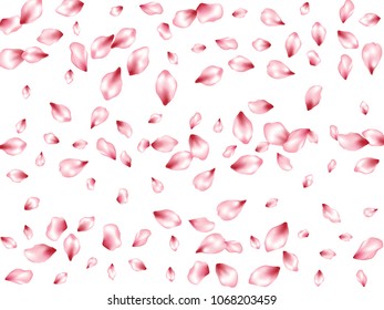 Cherry petals flying vector valentine background. Spring falling flower parts confetti, blossom elements anniversary design. Fresh flower blossom petals background pattern.