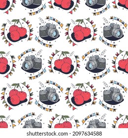 Cherry and Photo Camera. Seamless pattern on a white background. Cute vector illustration.