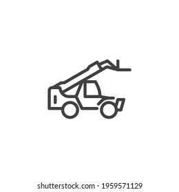 Cherry Picker Line Icon. Linear Style Sign For Mobile Concept And Web Design. Construction Truck With Platform Outline Vector Icon. Symbol, Logo Illustration. Vector Graphics