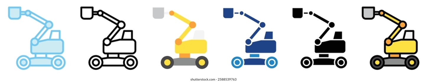 Cherry Picker multi style, mini illustration icon. outline, flat, glyph, line color, UI, UX, app and web, digital or print. related to heavy machinery, industry, road construction theme