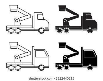 Juego de iconos de camión de cerezos. Símbolo del vector de elevación de cubos de cissor en un estilo de relleno y delineado negro. Signo de elevación de auge telescópico. 