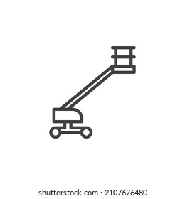 Cherry Picker Truck Line Icon. Linear Style Sign For Mobile Concept And Web Design. Lift Platform Truck Outline Vector Icon. Symbol, Logo Illustration. Vector Graphics