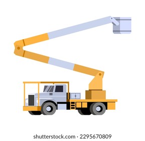 Cherry picker truck minimalistic icon on white background. Bucket truck uses in municipal service for tree surgeon, arborist, lineman electician for lifting up worker in basket. Vector clip art