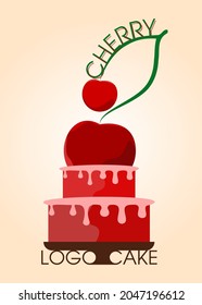 El pastel de cereza y el logo de la tarta, cereza en el pastel sobre una bandeja