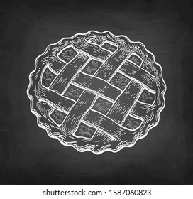 Cherry pie. Chalk sketch on blackboard background. Hand drawn vector illustration. Retro style.
