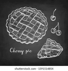 Cherry pie. Chalk sketch on blackboard background. Hand drawn vector illustration. Retro style.