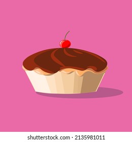 Cherry pie with chocolate icing. Isolated illustration for banners, logos, cards. Delicious cake with custard. muffin with chocolate. Sweets model for icons.