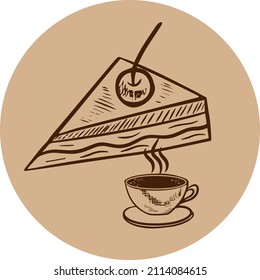 Cherry pie with cup of hot coffe. Vintage vector illustration.
