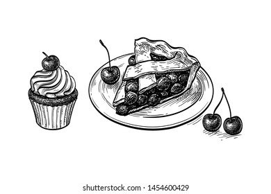 Cherry pie and cupcake. Ink sketch isolated on white background. Hand drawn vector illustration. Retro style.