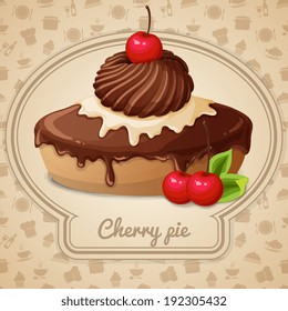 Cherry pie dessert bakery emblem and food cooking icons on background vector illustration