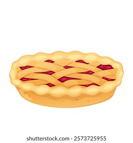 Cherry pie in flat design. Tasty homemade berry tart, sweet fruit cake. Vector illustration isolated.