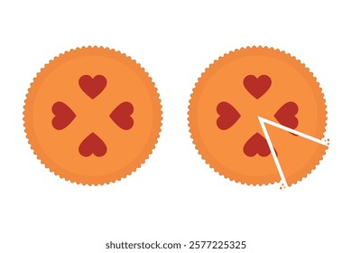Cherry pie with hearts. Top view of the pie. Vector illustration.
