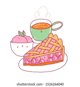 Cherry pie, ice cream and a cup of tea or coffee, cute cartoon characters, vector illustration, isolated on white background