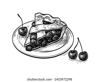 Cherry pie. Ink sketch isolated on white background. Hand drawn vector illustration. Retro style.