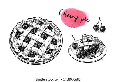 Cherry pie. Ink sketch isolated on white background. Hand drawn vector illustration. Retro style.