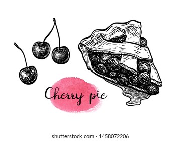 Cherry pie. Ink sketch isolated on white background. Hand drawn vector illustration. Retro style.