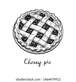 Cherry pie. Ink sketch isolated on white background. Hand drawn vector illustration. Retro style.