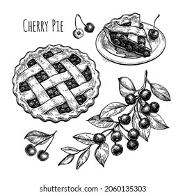 Cherry Pie. Ink Sketch Isolated On White Background. Hand Drawn Vector Illustration. Retro Style.