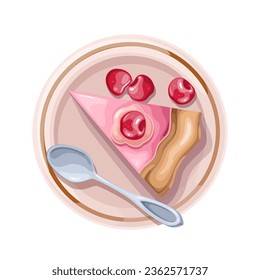 Cherry pie plate, top view vector illustration. Cartoon isolated baked homemade tart with cream, slice with crust and cherry fruit on round tray with spoon to eat for dessert at home holiday party