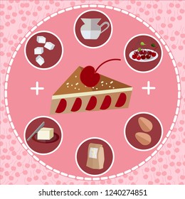 Cherry pie recire.Ingredients.Making pie.Cooking.Infographic.Color vector illustration.Objects on white background.Hand drawn.