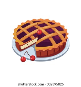 Cherry Pie And Slice, Appetizing. Vector Illustration