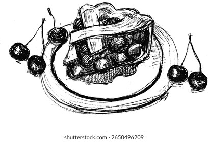 Cherry pie slice with cherries sketch on a white plate  